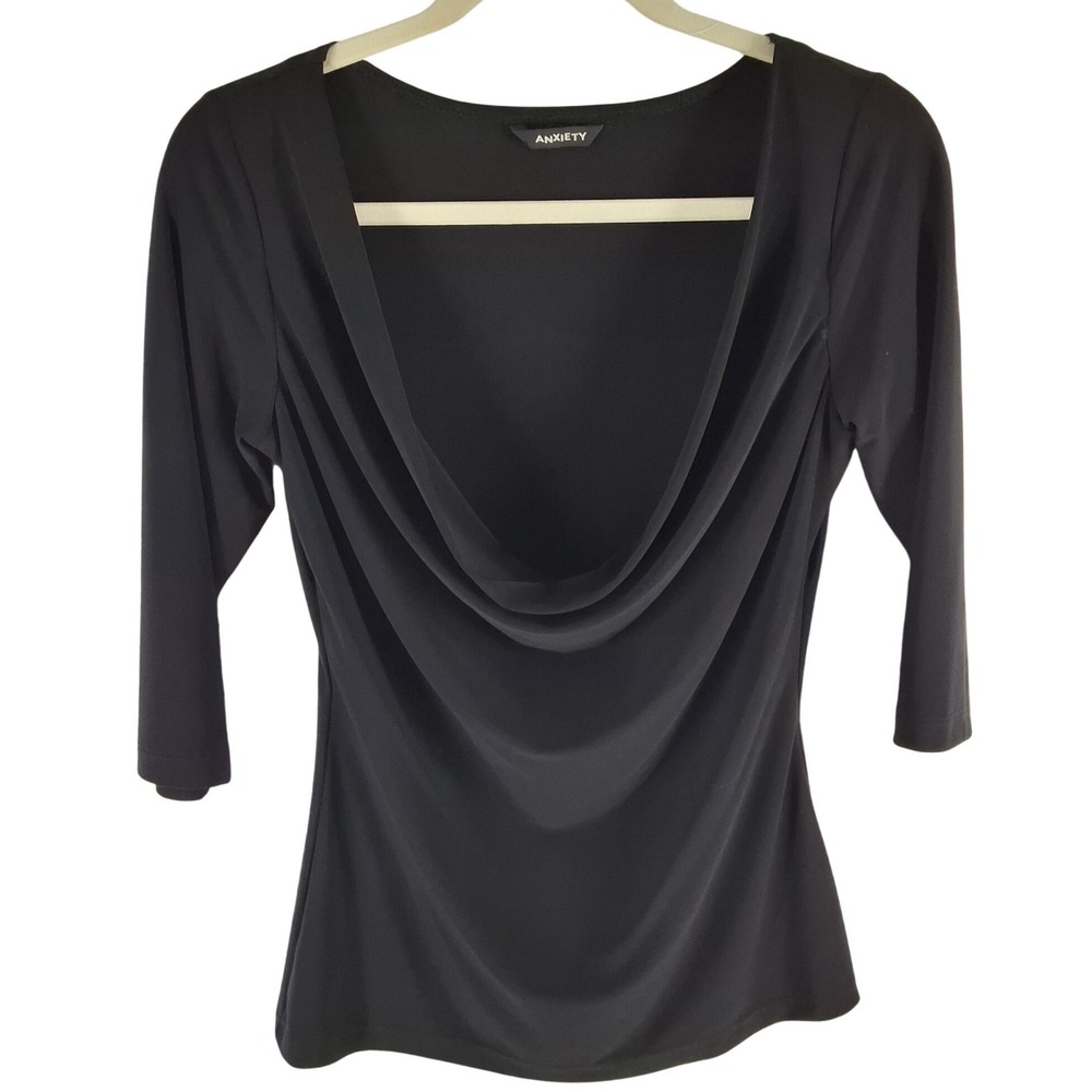 Vintage Anxiety Y2K Black Deep Cowl Neck Draped Evening Top Blouse M 3/4 Sleeve